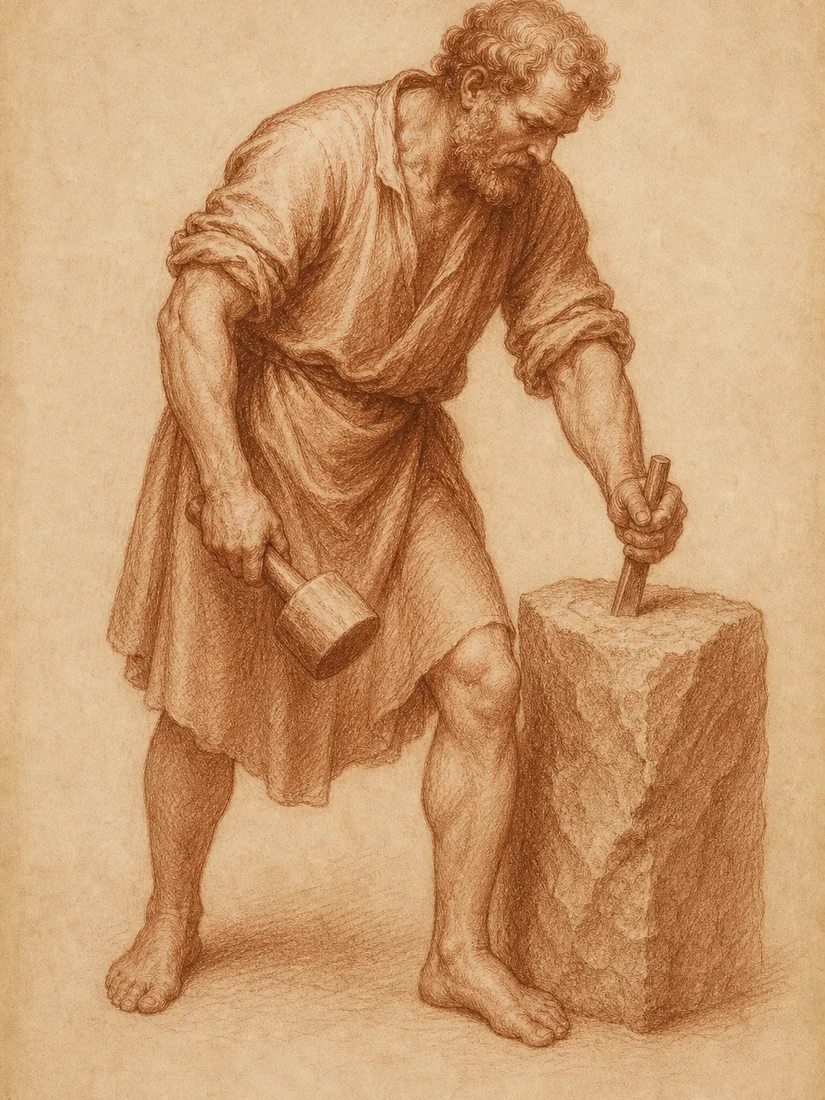 Red chalk study of a stonemason working a block with chisel and mallet
